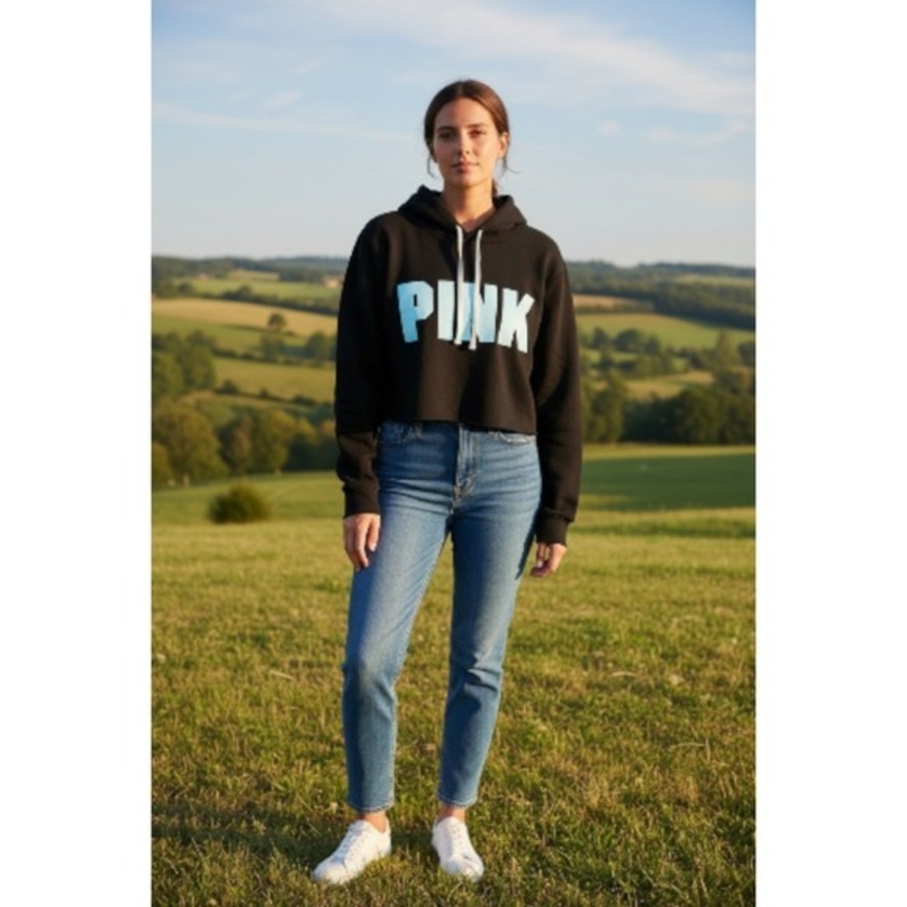Pink Cropped Hoodie Sweatshirt Black Long Sleeve Casual Women's Size Small
